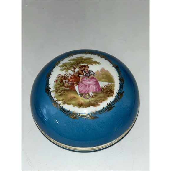 Source Unknown Other - VTG Limoges Courting Couple Scene Blue & Gold Accent Porcelain Trinket Box